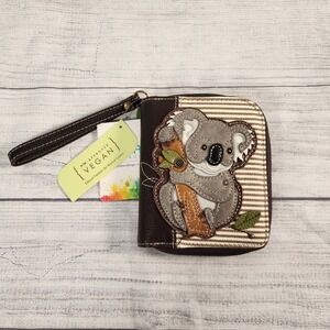 Chala Handbags Koala Zip Around Wallet Brown Stripe Vegan Leather Wristlet